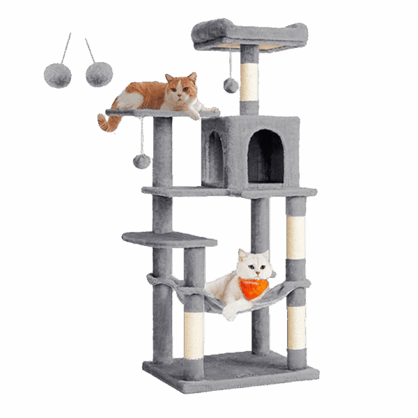 Arbre à chat XXL avec hamac, cabane et pompon 143cm FEANDREA