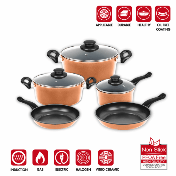 Batterie de cuisine 9 pièces avec revêtement en cuivre (tous feux dont induction) HERZBERG – Image 2