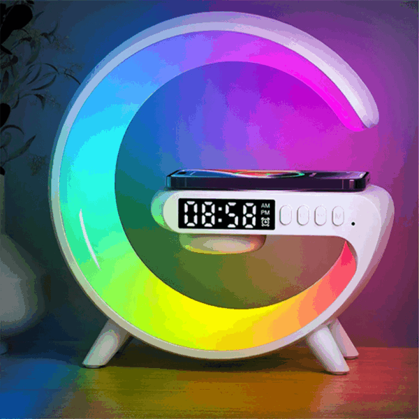 Lampe LED 4en1 connecté Bluetooth avec chargeur, hauts parleurs et réveil intégré – Image 2