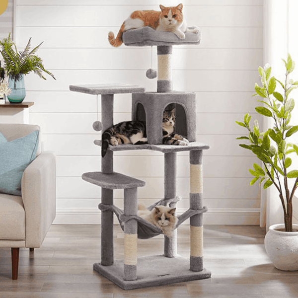 Arbre à chat XXL avec hamac, cabane et pompon 143cm FEANDREA – Image 2