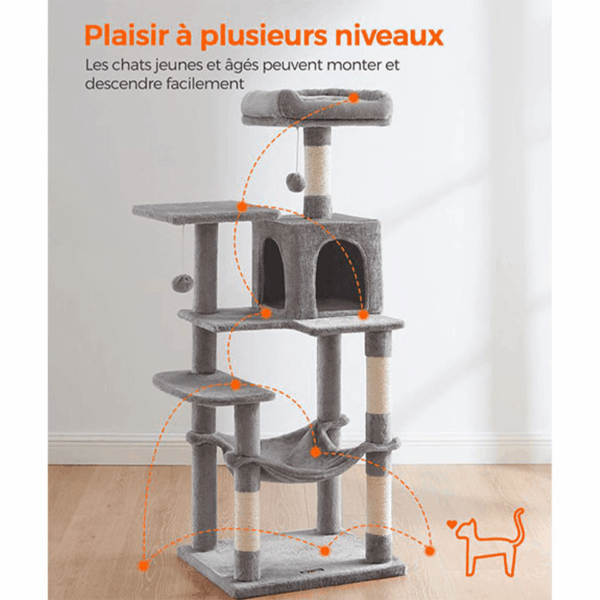 Arbre à chat XXL avec hamac, cabane et pompon 143cm FEANDREA – Image 3