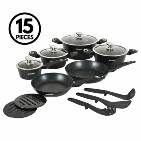 Batterie de cuisine 15 pièces avec revêtement en marbre (tous feux dont induction) HERZBERG – Image 4
