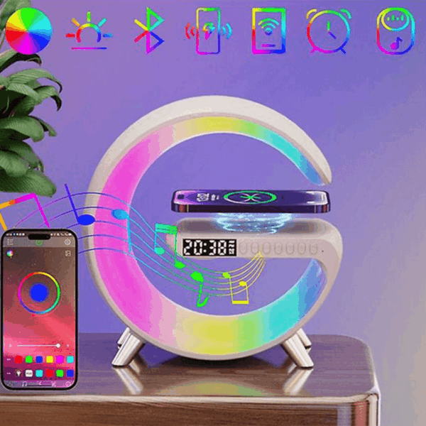 Lampe LED 4en1 connecté Bluetooth avec chargeur, hauts parleurs et réveil intégré – Image 5