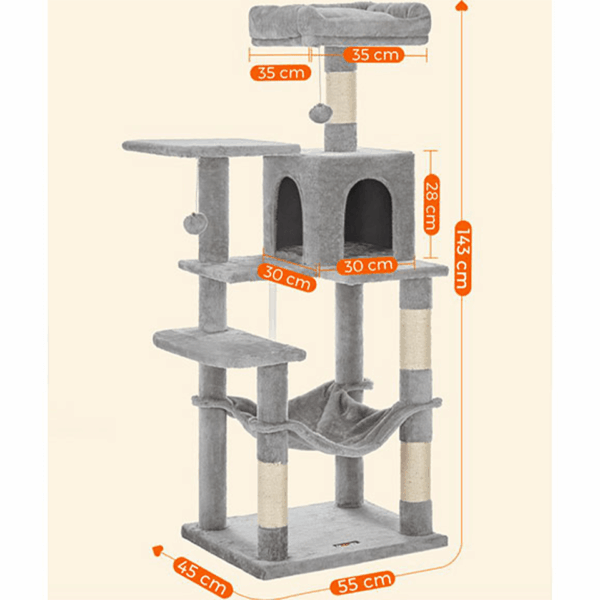 Arbre à chat XXL avec hamac, cabane et pompon 143cm FEANDREA – Image 6