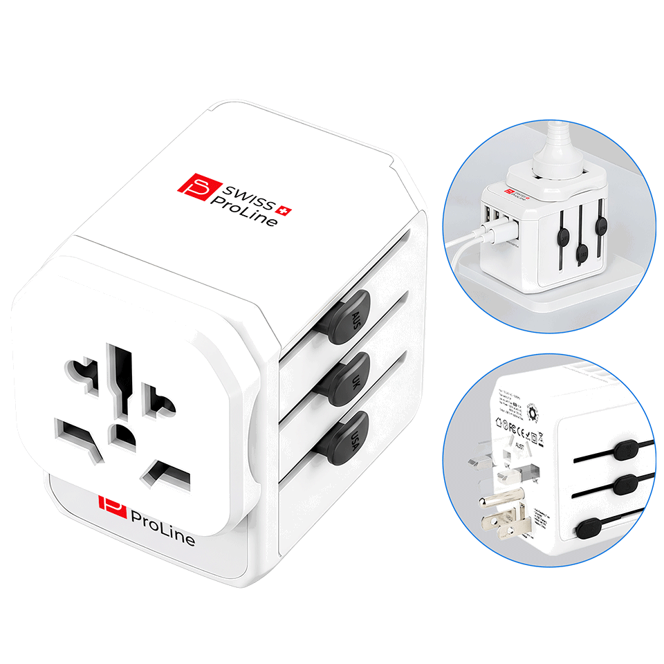 Adaptateur de voyage universel compatible dans 200 pays Swiss ProLine