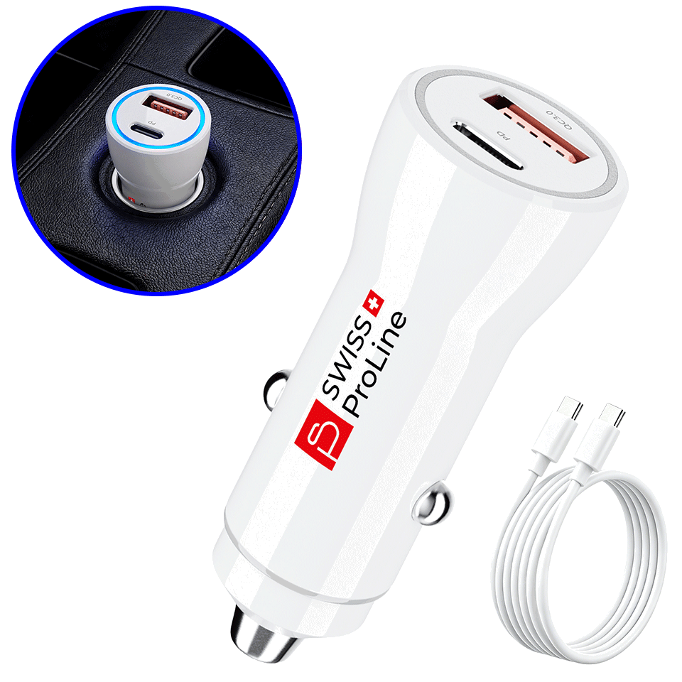 Chargeur de voiture 2en1 avec câble USB-C Swiss ProLine