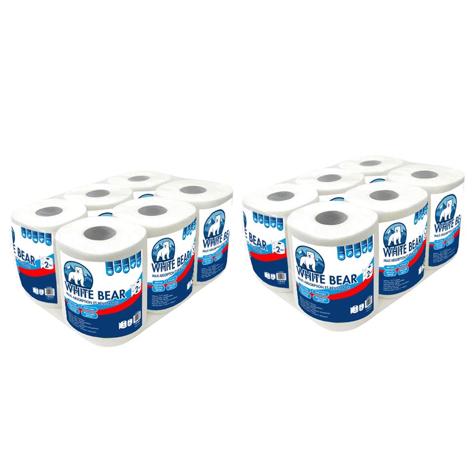 Set de 12 rouleaux Papier Ménage XXL (1500 feuilles) double épaisseurs WHITE BEAR