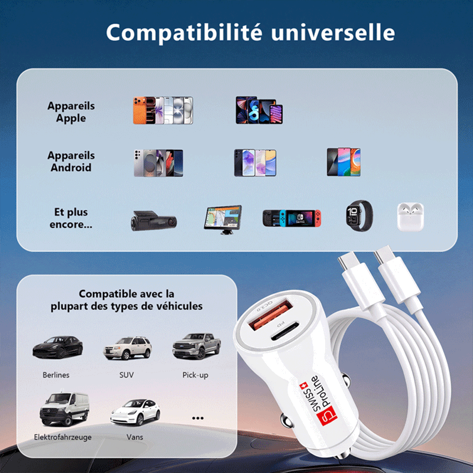 Chargeur de voiture 2en1 avec câble USB-C Swiss ProLine – Image 4