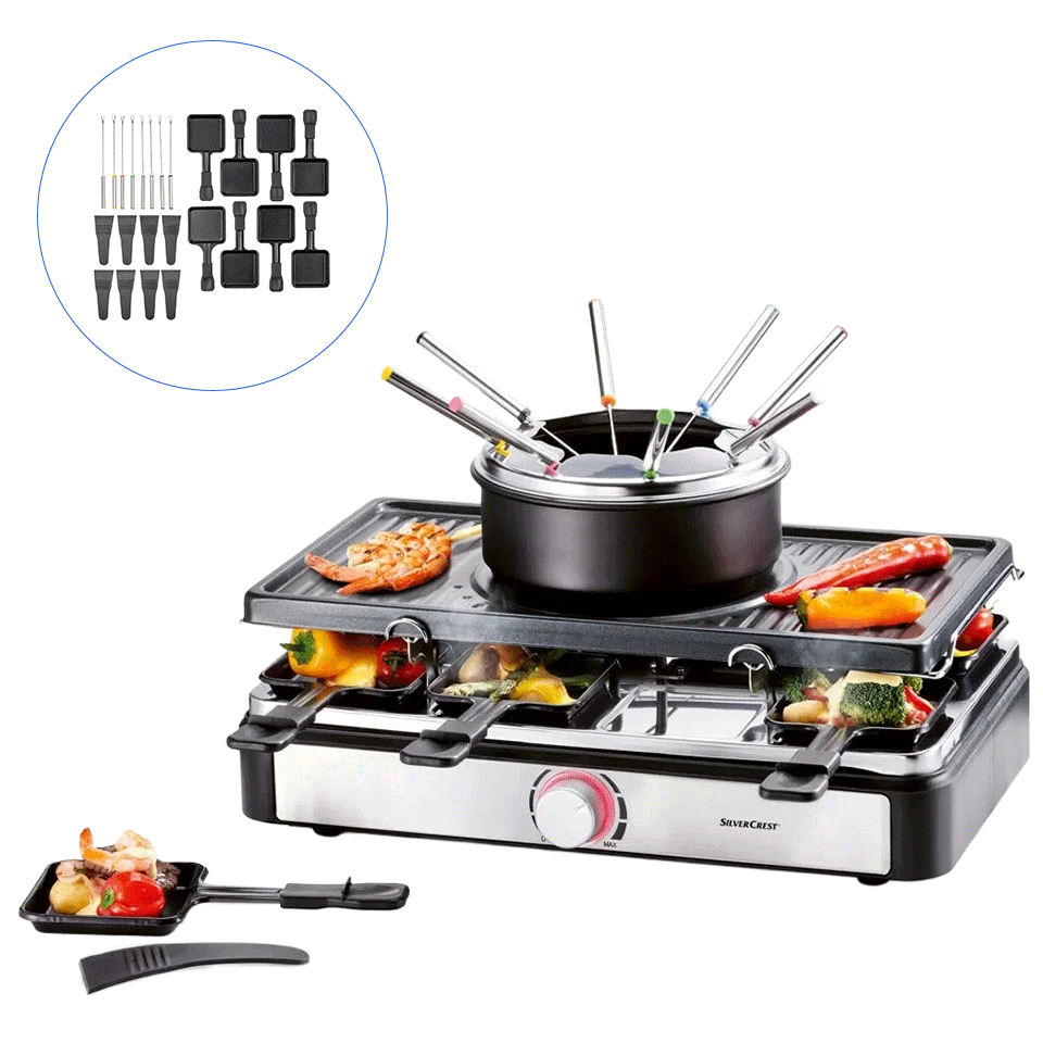 Appareil 3en1 pratique pour raclette, grill et fondue 8 personnes SILVERCREST